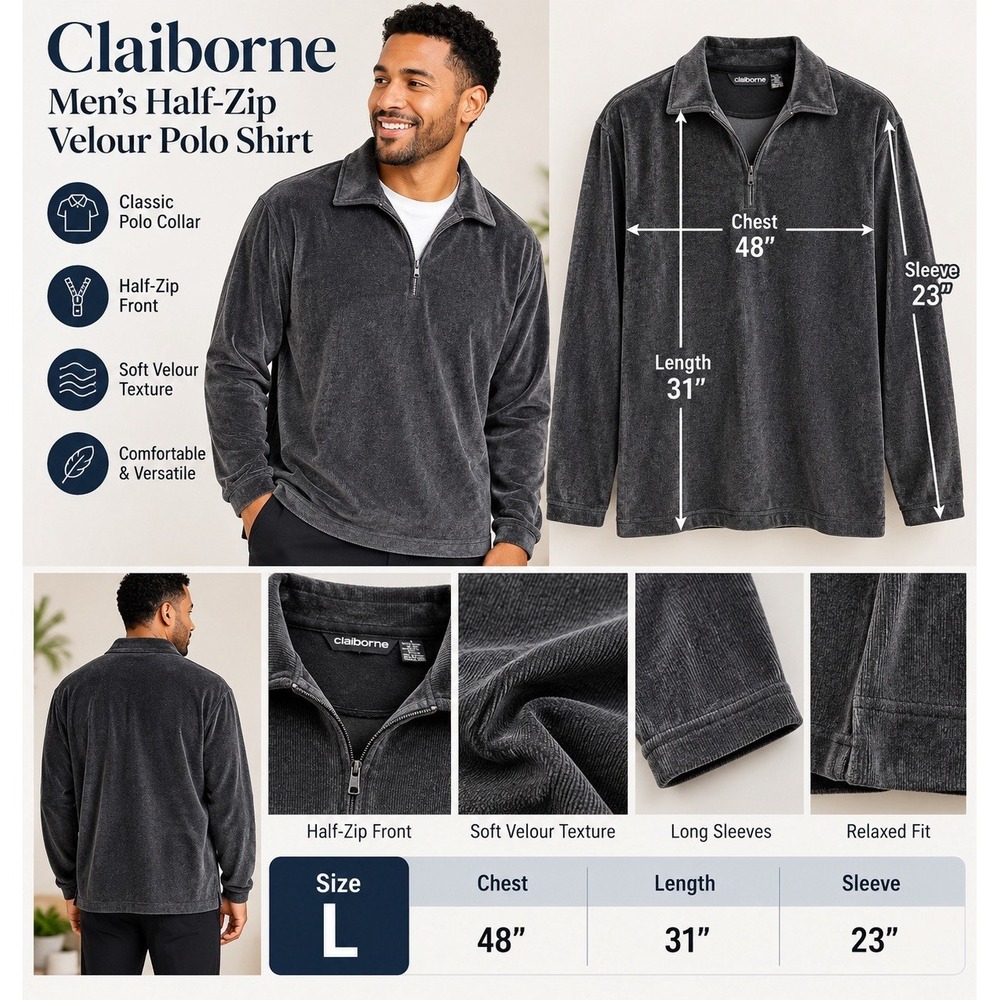 Size L- Claiborne Men's Gray Velour 1/4 Zip Collared Sweatshirt Relaxed Fit